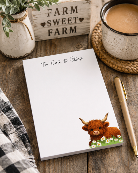 “Too Cute to Stress” Highland Cow Notepad — Cozy Notepad