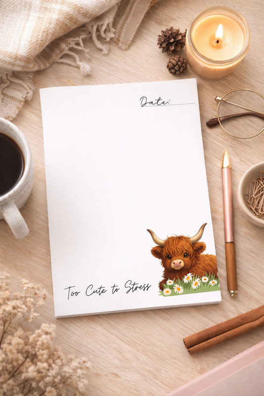 “Too Cute to Stress” Highland Cow Notepad — Cozy Notepad