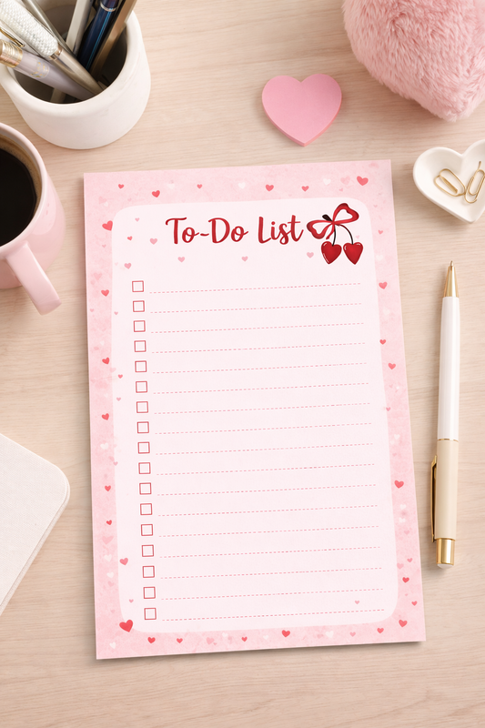 Valentine’s To-Do List Notepad — Heart Cherry Bow Design | 5x7 Cute Aesthetic Stationery