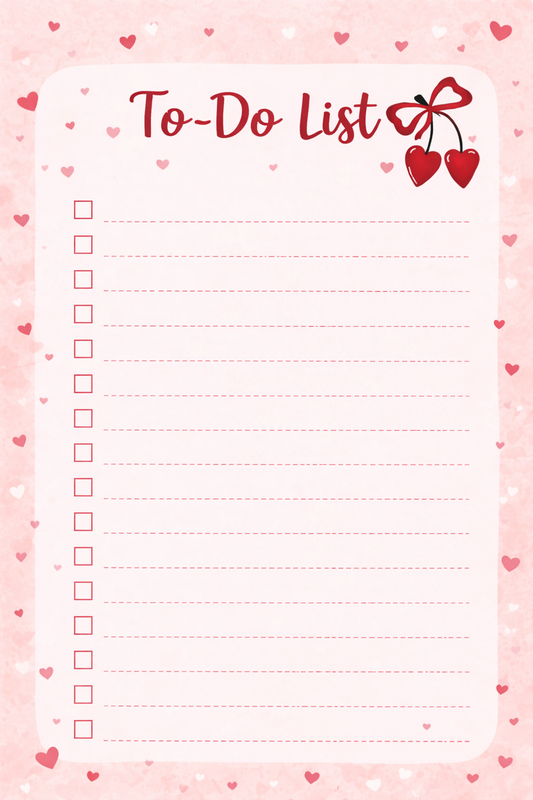 Valentine’s To-Do List Notepad — Heart Cherry Bow Design | 5x7 Cute Aesthetic Stationery